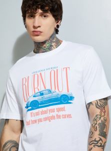 Mens White Burnout Pritned Cotton Round Neck T-Shirt