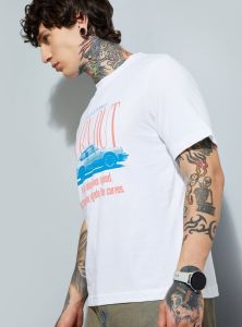 Mens White Burnout Pritned Cotton Round Neck T-Shirt
