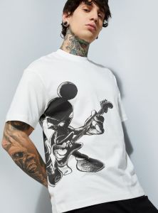 Mens White Mickey Printed Cotton Round Neck T-shirt
