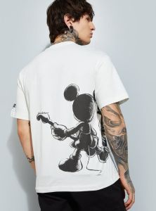 Mens White Mickey Printed Cotton Round Neck T-shirt