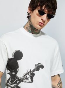 Mens White Mickey Printed Cotton Round Neck T-shirt