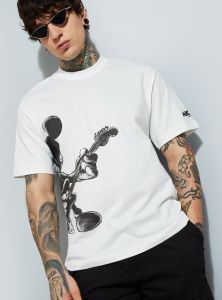 Mens White Mickey Printed Cotton Round Neck T-shirt
