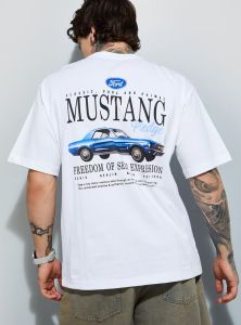Mens White Mustang Printed Cotton Round Neck T-shirt