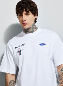 Mens White Mustang Printed Cotton Round Neck T-shirt
