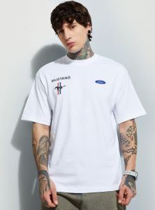 Mens White Mustang Printed Cotton Round Neck T-shirt