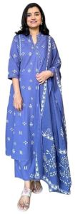 Women\'s Cotton Blue Embroidered Anarkali Kurti with Pant and Dupatta Set