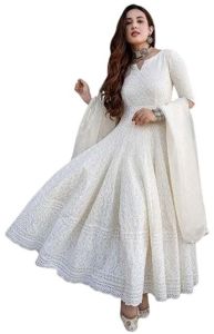 Women\'s Cotton Chikankari Long Anarkali Kurti with Dupatta