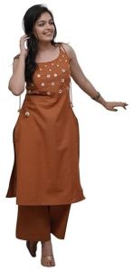 Women\'s Cotton Embroidery Sleeveless Kurti with Ankle Length Pant Set