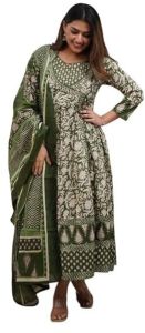 Women\'s Cotton Floral Printed Anarkali Kurti with Pant and Mulmul Dupatta Set