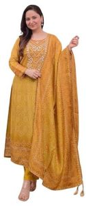 Women\'s Silk Embroidered Straight Kurti with Pant and Dupatta Set