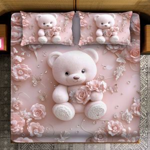 Floral Teddy Bouquet Print Plush Pink Spread Teddy Love Bedsheet