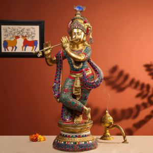 Traditional Brass Stone Carved Krishna Statue