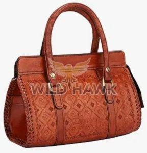Hand Tooled Cognac Leather Bowling Bag Style Handbag