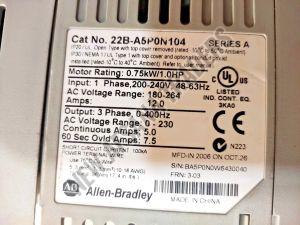 Allen-Bradley PowerFlex40 22B-A5P0N104 AC Drive, 240 VAC, 1 Phase, 1 HP Tsted