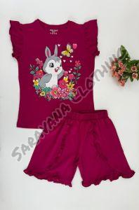 Girls Cute Bunny and Floral Print T-shirt with Shorts