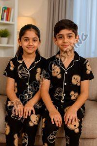 Unisex Black Teddy Bear Print Pajama Set