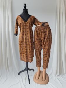 Brown Cotton Printed Kurti Pant Set