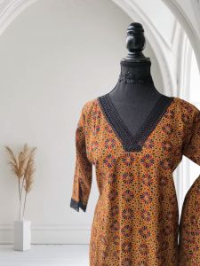 Brown Cotton Printed Kurti Pant Set