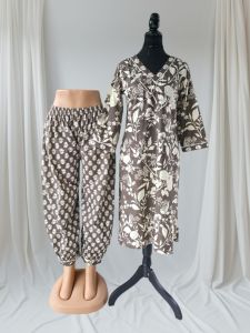 Metallic Brown Printed Cotton Kurti Pant Set