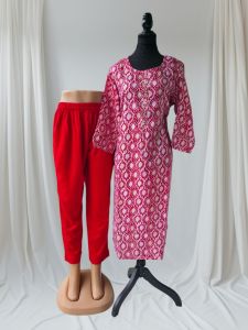 Red Printed Cotton Kurti Pant Set