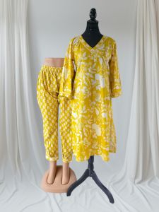 Yellow Printed Cotton Kurti Pant Set