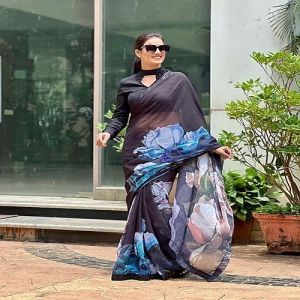 Black Floral Organza Digital Print Saree
