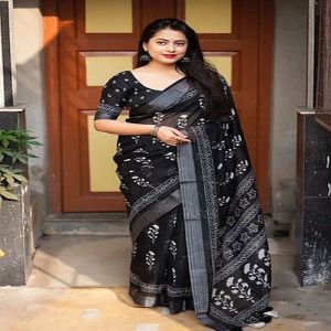 Black Floral Print Linen Saree