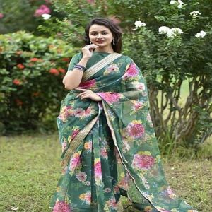 Digital Printed Green Organza Saree