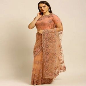 Festive Wear Peach Embroidered Net Saree