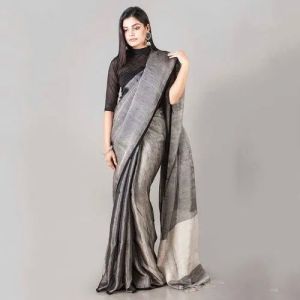 Grey Plain Tissue Linen Saree