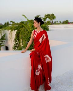 Red Printed Satin Saree
