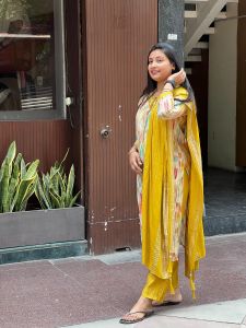 Ladies Dark Yellow Rayon Kurti Pant Set