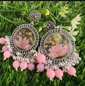 Round Pink Beaded Resin Jhumka Earrings