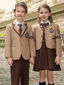 Kids Cotton Blend Beige Brown Trim School Blazer