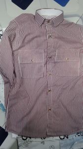 Mens Cotton Blend Maroon White Stripe Shirt with Stand Collar