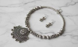 Silver Oxidized Metal Chocker Necklace Set