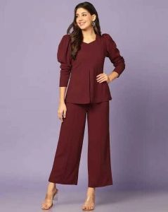 Ladies Wine Poly Cotton Co-Ord Set