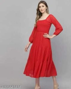 Ladies Red Georgette Long Dress