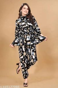 Ladies Black Printed Polyester Co-Ord Set