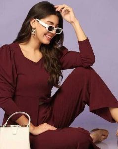 Ladies Wine Poly Cotton Co-Ord Set