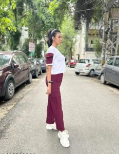 Ladies White & Maroon Polyester Co-Ord Set