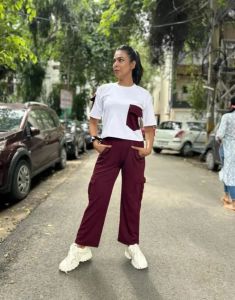 Ladies White & Maroon Polyester Co-Ord Set