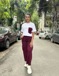 Ladies White & Maroon Polyester Co-Ord Set