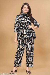 Ladies Black Printed Polyester Co-Ord Set