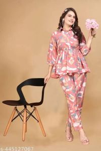 Ladies Pink Printed Polyester Co-Ord Set