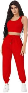 Ladies Red Crop Top & Joggers Set