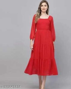 Ladies Red Georgette Long Dress