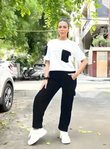 Ladies White & Black Polyester Co-Ord Set