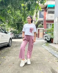 Ladies White & Link Pink Polyester Co-Ord Set