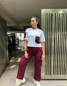 Ladies White & Maroon Polyester Co-Ord Set